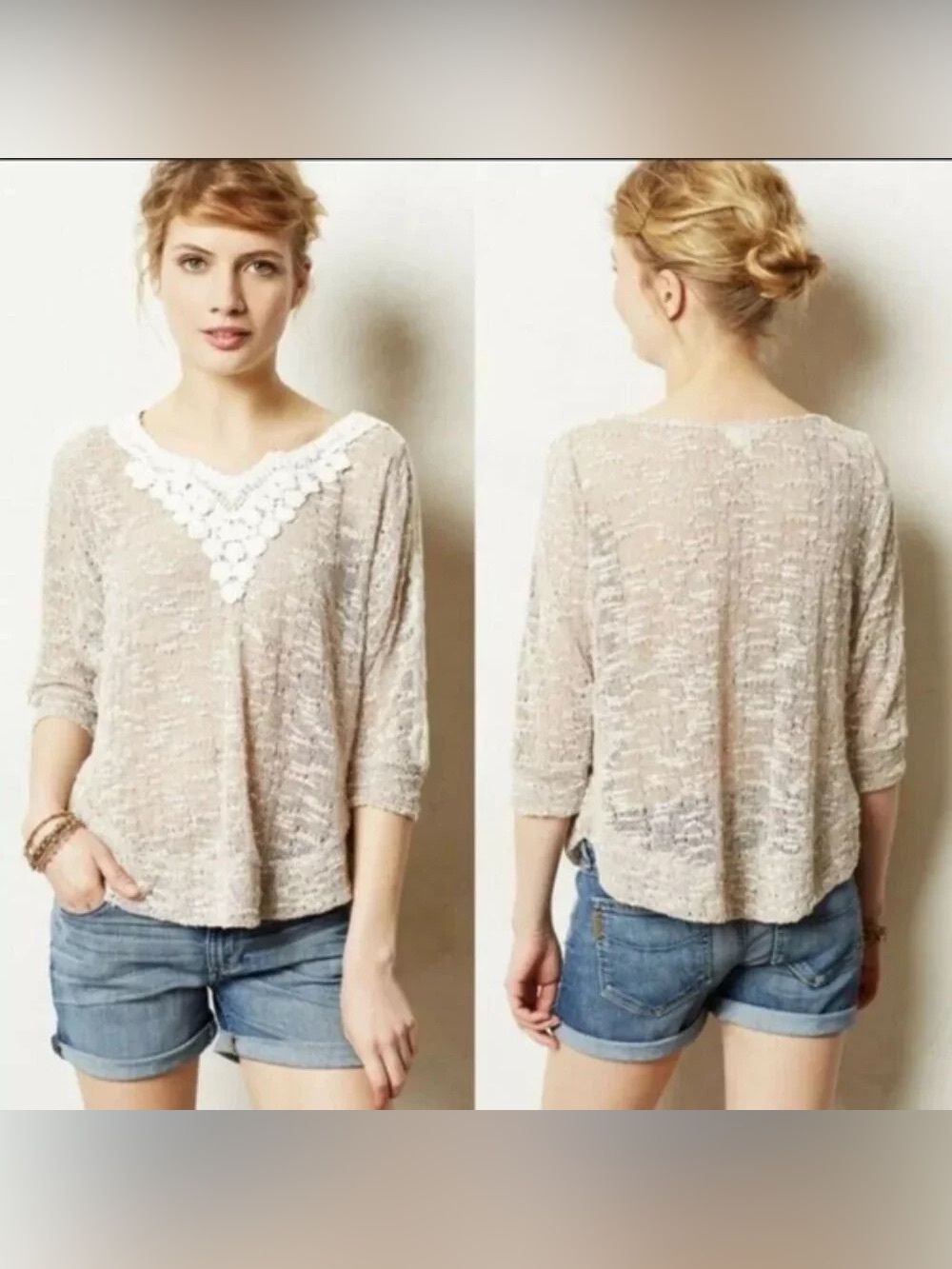 Anthropologie Meadow Rue Beige Crochet Sweater